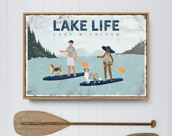 navy LAKE LIFE sign, couple paddleboarding with dogs (Beagle and Australian Shepherd), Lake Michigan canvas print, personalized lake {VPL}