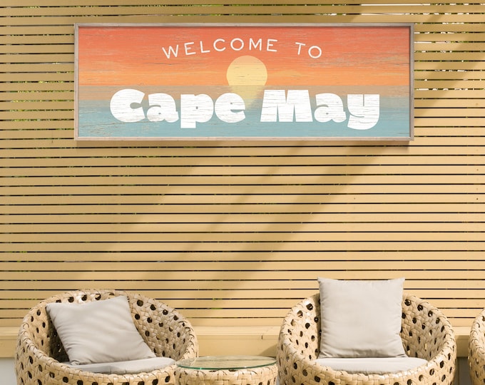 Retro Sunset Welcome Signs, Can Be Customized, Welcome to Cape May New Jersey Shown, Long Skinny Beach Posters, Gift for Beach Lover