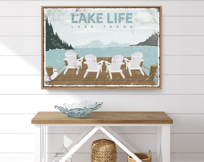 Personalized Lake Life Poster with Four White Adirondack Chairs on Dock - Retro Lake Tahoe Decor - Cute Lake Gift for Mom {VPL}