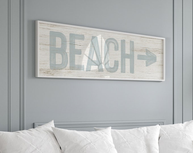 Vintage Smoke Gray Beach Arrow Sign, Custom Coastal Wall Art, Faux Weathered Wood Canvas Sign for Beach House Patio Decor, Rustic Beach Art