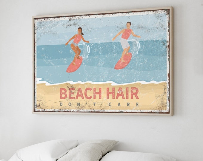 Coral BEACH HAIR Don't Care Poster, Couple Wake Surfing Canvas Print, Custom Beach Signs, Beach Gift for Her, Pink Beach House Decor {VPB}