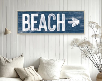 Vintage BEACH HOUSE Decor, Nautical Blue Beach Arrow Sign, Coastal Cabin Wall Art, Faux Weathered Wood Canvas Sign for Above Couch {pwo}