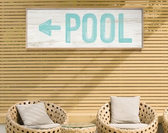 Vintage Pool Arrow Sign, Aqua Blue Pool Patio Wall Art on Faux Weathered Wood Canvas, Above Couch Decor, Pool Gift for Her, Pool Print {PWO}