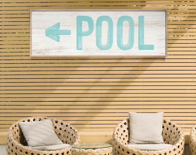 Vintage Pool Arrow Sign, Aqua Blue Pool Patio Wall Art on Faux Weathered Wood Canvas, Above Couch Decor, Pool Gift for Her, Pool Print {PWO}