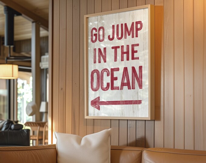 Retro Go Jump in the OCEAN Sign, Dark Red and White BEACH HOUSE Decor, Left or Right Arrow, Faux Distressed Wood Canvas Print {pwo}