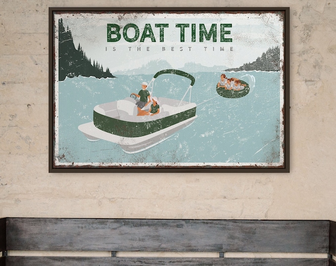 Vintage BOAT TIME Sign, Family of Five on Pontoon Boat, Lake Gift for Family, Kids Tubing behind Pontoon Boat, Can be Personalized {VPL}