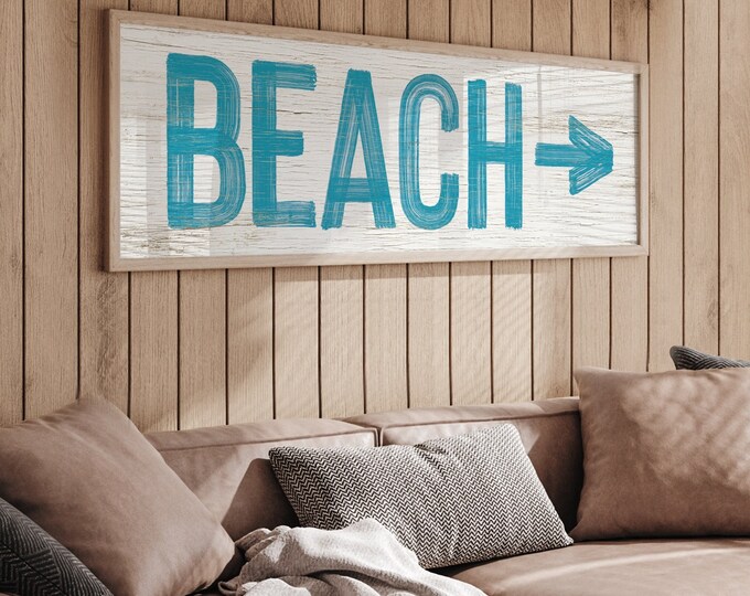 Vintage Duck Blue Beach Arrow Sign, Faux Weathered Wood Canvas for Beach House Decor, Left or Right Arrow, Can be Personalized