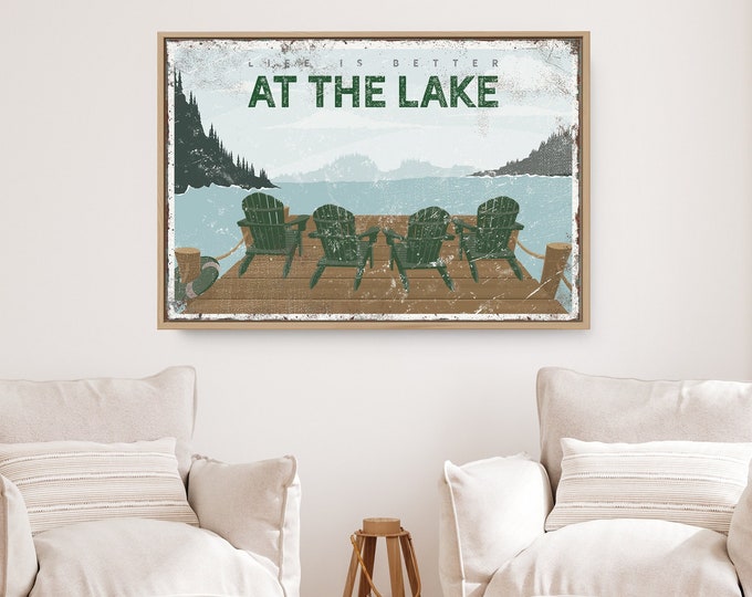 Vintage Life is Better at the Lake Sign, Retro Lake Poster with Forest Green Adirondack Chairs on Dock, Can be Personalized {VPL}