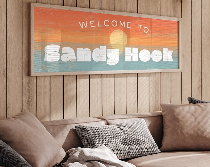 Custom Beach Welcome Sign, Welcome to Sandy Hook Beach Canvas Print, Retro Beach Wall Art, Gift for Beach Lover, Vacation Rental Beach Decor