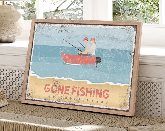 Coral GONE FISHING Beach Poster, Couple Fishing on Water, can be Personalized, Vintage Fishing Decor, Fun Gift for Fishing Lover {VPB}
