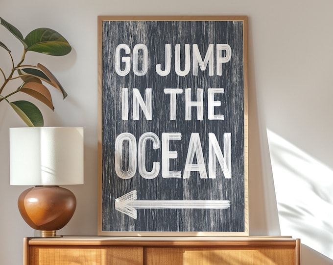 Retro Go Jump in the OCEAN sign with Left Arrow, Can be Customized, Hale Navy and White Directional Arrow Art, Beach Canvas Prints {pwo}