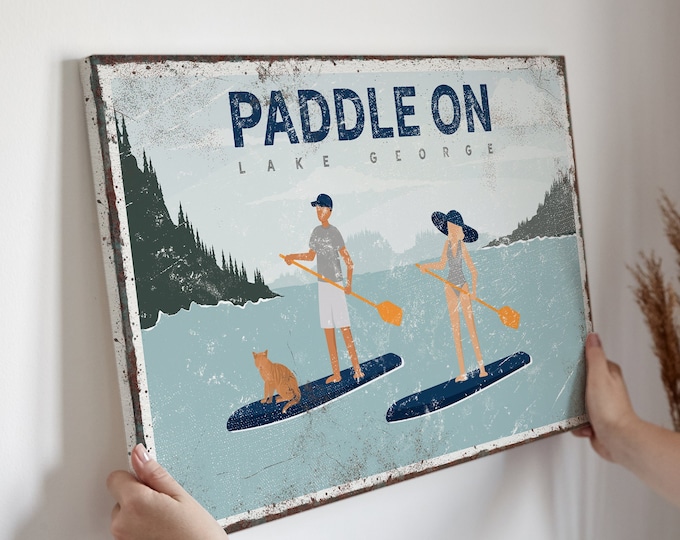 navy PADDLE ON lake sign, couple paddleboarding with cat, personalized lake house decor, vintage lake george wall art, paddleboard art {VPL}