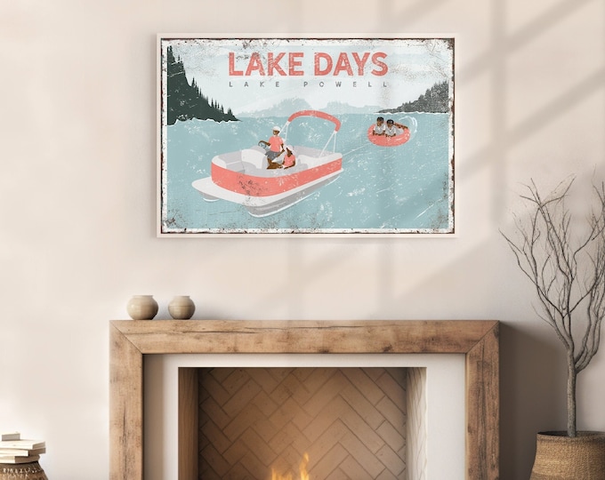 Vintage LAKE POWELL Poster, Can be Personalized, Lake Days Sign, Coral Lake Decor, Family of Four on Pontoon Boat with Kids Tubing {VPL}