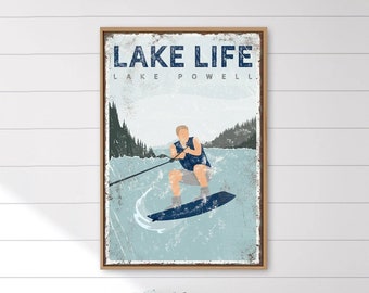 navy blue LAKE LIFE sign > wake boarding gift for him, personalized wakeboard poster for vintage lake house decor, Lake Powell art {vpl}