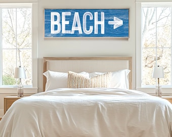 Vintage Ocean Blue Beach Arrow Sign, Faux Weathered Wood Canvas for Above Couch, Left or Right Arrow Sign, Blue and White BEACH HOUSE Decor