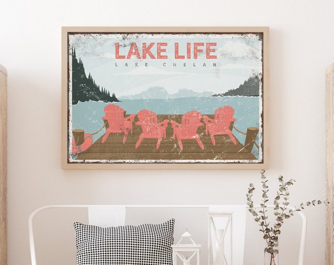 Vintage Lake Life Poster - Coral Adirondack Chairs on Dock - Can be Personalized - Retro Lake Chelan Decor - Cute Lake Gift for Mom {VPL}