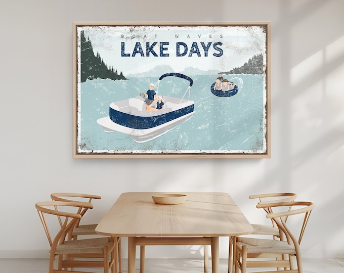 Vintage Boat Waves Lake Days Sign, Family of Four on Pontoon Boat with Kids Tubing, Lake Gift for Family, Vintage Pontoon Boat Poster {VPL}