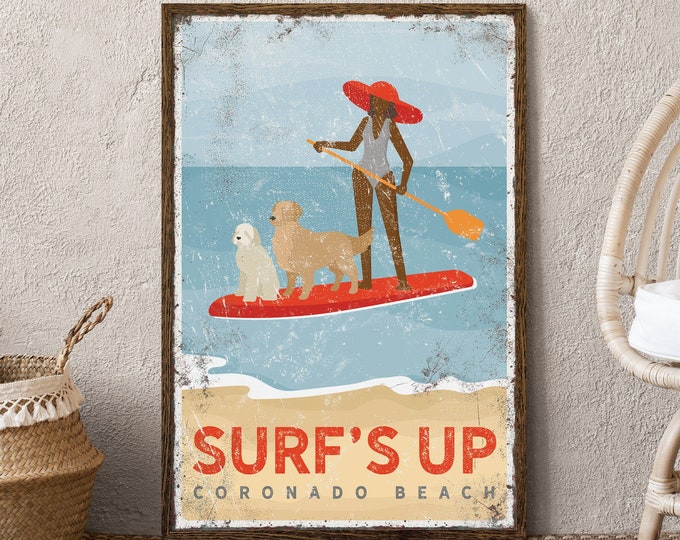 vintage PADDLE BOARD sign with dogs, Goldendoodle and Golden Retriever shown, custom beach house art, Coronado Beach San Diego CA {vpb}