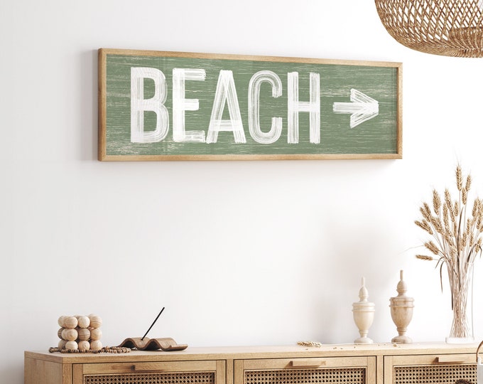 Seagrass Green Beach Arrow Sign, Vintage Coastal Wall Art for Beach House Decor, Faux Weathered Wood Canvas Sign for Above Couch, PWO