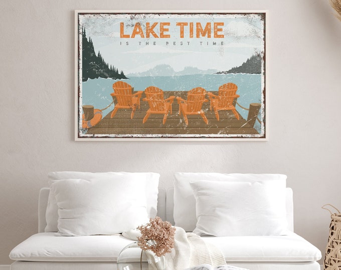 Vintage Lake Time Poster with Personalized Option, Four Orange Adirondack Chairs on Dock, Cute Lake Gift for Her, Lake Time is the Best Time