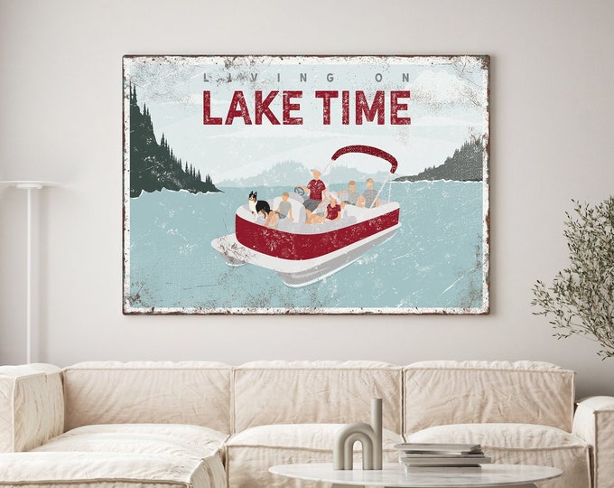 Living on LAKE TIME Sign, Family of Five on Pontoon Boat with dog (Border Collie), Lake Gift for Family, Vintage Pontoon Boat Poster  {VPL}