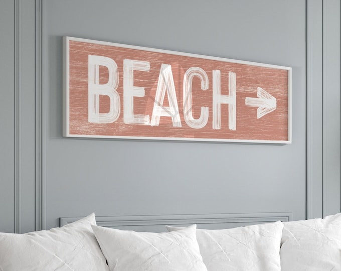 Coral Beach Arrow Sign, Can be Personalized with Arrow Direction and Accent Color, Pink and White Beach House Decor, Beach Gift for Her