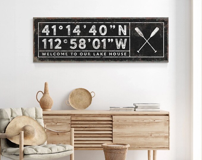 black LAKE HOUSE sign with oars > vintage coordinates sign with paddles icon, personalized boating art with latitude & longitude {sgb}