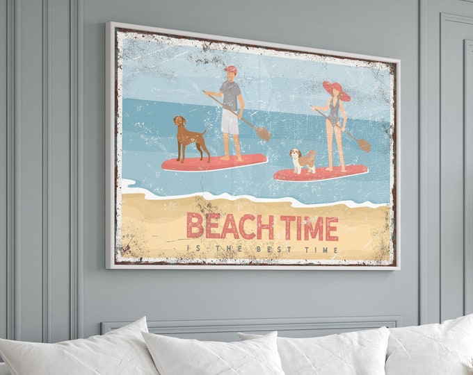 Coral BEACH TIME is the Best Time Sign, Couple Paddleboarding with Dogs, Vizsla and Shih Tzu, Personalized Beach House Gift for Her {VPB}