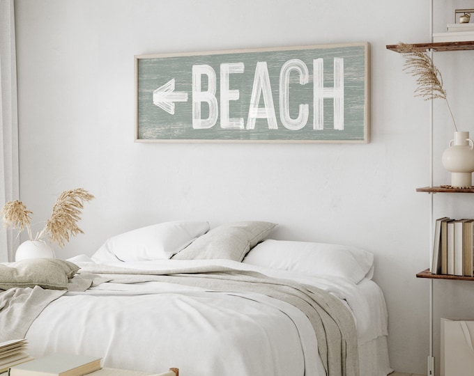 Sage Green Beach Arrow Sign, Vintage Beach House Decor, Vacation Rental Beach Art, Faux Weathered Wood Canvas Sign, Above Couch Accent, PWO