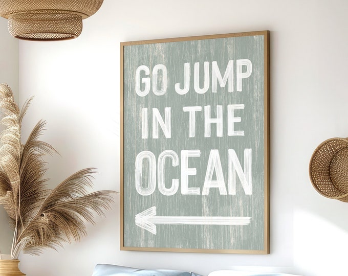 Vintage Go Jump in the OCEAN Sign, Sage BEACH HOUSE Decor, Green and White Directional Left Arrow Art, Faux Wood Canvas Print {pwo}