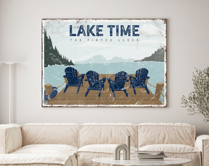 navy LAKE TIME sign, four blue adirondack chairs, custom lake house decor, retro lake wall art, the finger lakes decor, airbnb decor {VPL}