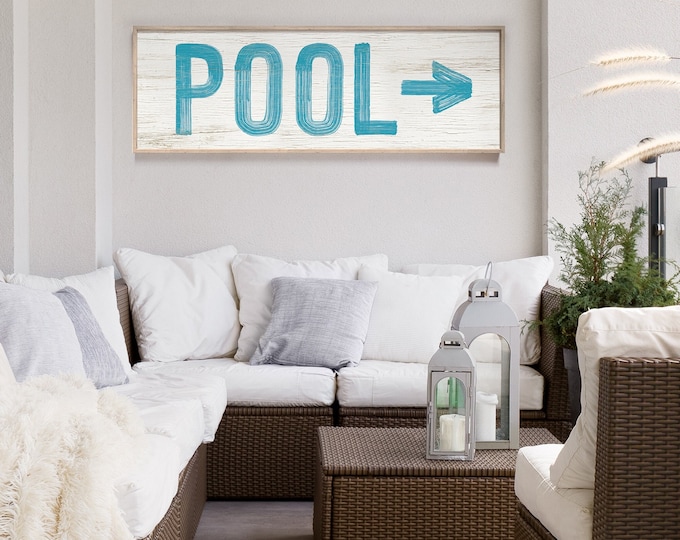 Vintage POOL sign for above couch in lanai, duck blue sign for pool with right arrow, available on paper or canvas or aluminum {pww}