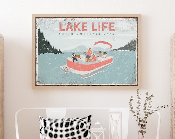 Retro LAKE LIFE Poster, Family of Four on Pontoon Boat with dogs, Border Collie and Miniature Schnauzer, Large Family Lake Sign {VPL}
