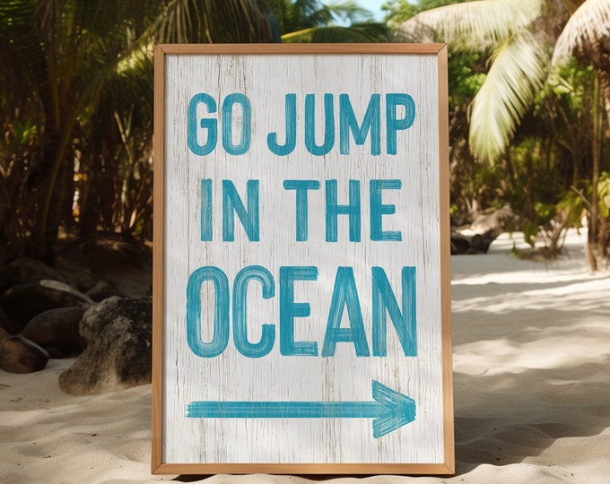 Go Jump in the Ocean Canvas Print, London Blue Beach House Decor, Blue and White Directional Left Arrow Art, Faux Distressed Wood Sign {pwo}