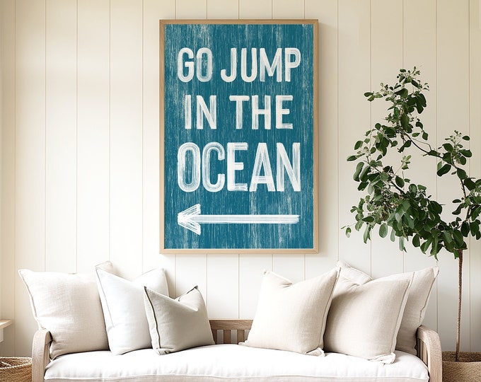 Go Jump in the OCEAN Sign, London Blue BEACH HOUSE Decor, Blue and White Directional Left Arrow Art, Faux Distressed Wood Canvas Print {pwo}