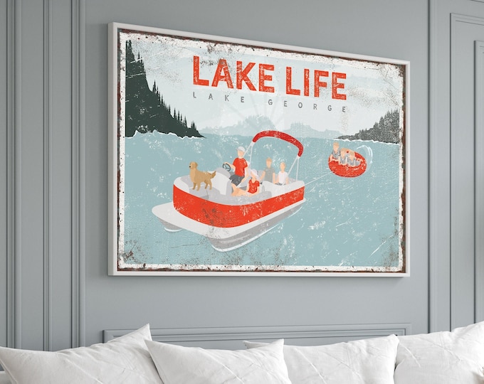 Vintage LAKE LIFE Sign, Family of Seven, Family Tubing on Pontoon Boat with dog, Family Vacation Keepsake, Retro Lake George Art {VPL}