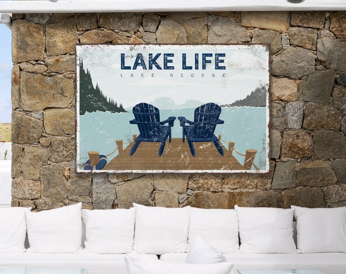 navy LAKE LIFE sign, two blue adirondack chairs on a dock, vintage Lake George wall decor, custom closing gift, airbnb decor {VPL}