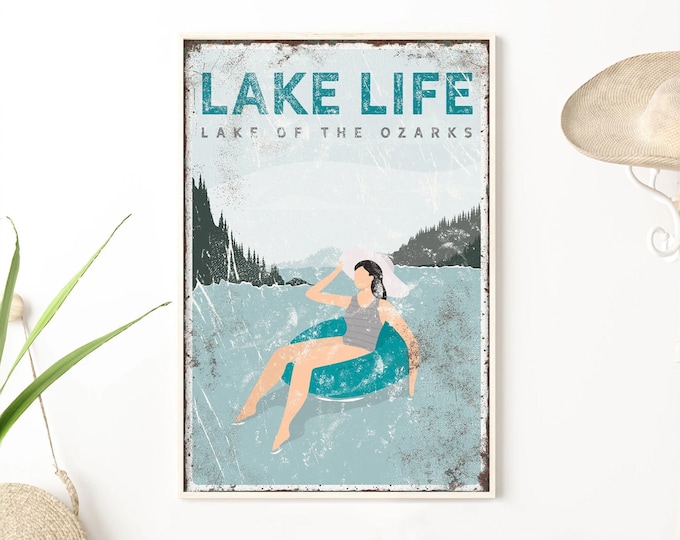 teal blue LAKE LIFE sign > Lake of the Ozarks poster, custom lake house decor, self care floating on tube, vintage coastal art print {VPL}