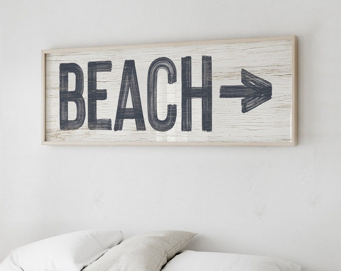 Vintage Coastal Wall Art Canvas Sign, Hale Navy Beach Arrow, Rustic Beach House Decor, Faux Weathered Wood, Beach Art for Above Couch