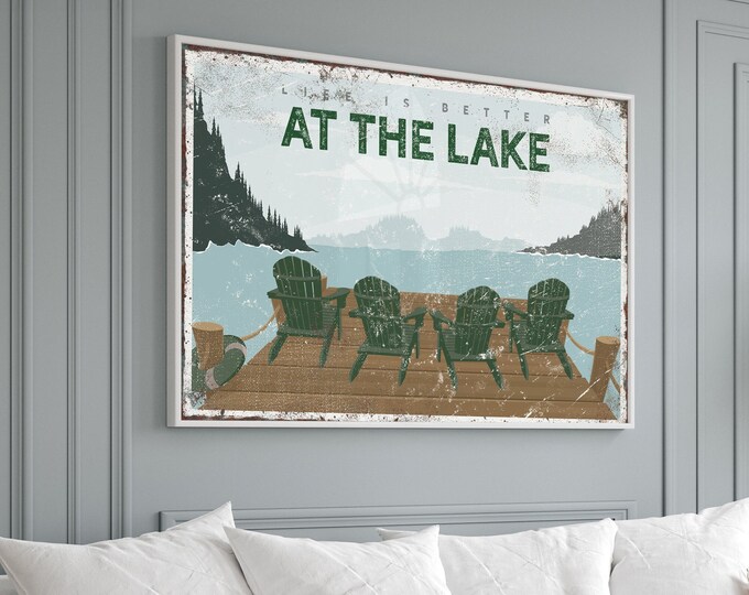 Vintage Lake Life Poster with Personalization Option - Forest Green Adirondack Chairs on Dock - Life is Better at the Lake {VPL}