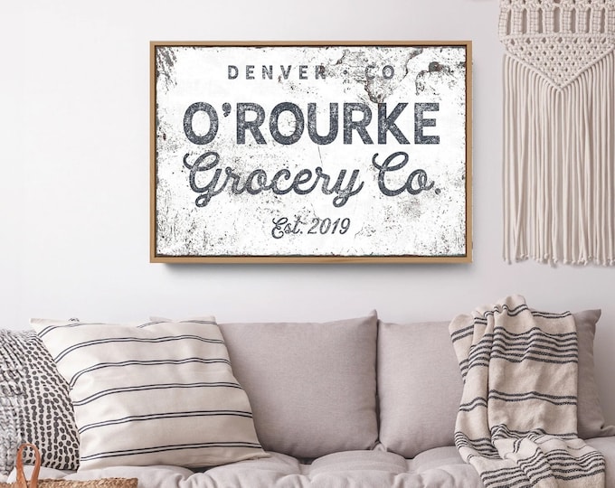 personalized LAST NAME sign > Modern farmhouse print • Custom grocery company canvas • Rustic white vintage wall decor art {nvw}