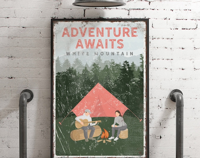 personalized vintage CAMPING poster, ADVENTURE AWAITS camping sign, vintage White Mountain print, couple camping by the campfire {vpt}