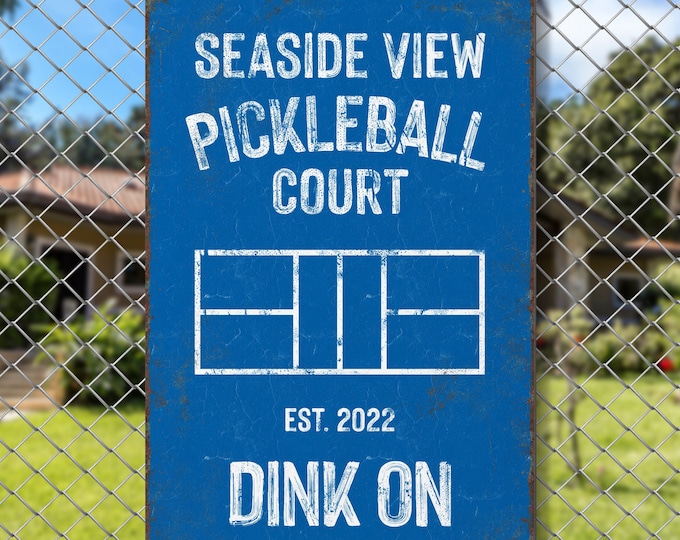 Blue Personalized PICKLEBALL GIFT  > personalized COURT Sign, Custom Name, Year Established and Colors, Ocean Blue and White - Dink On!