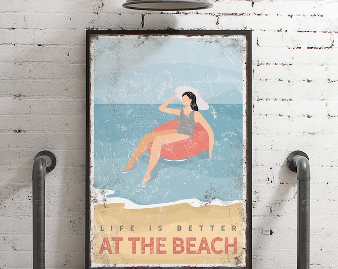 life is better AT THE BEACH poster, retro woman floating on a tube sign, can be personalized, vintage beach house decor and wall art {vpb}