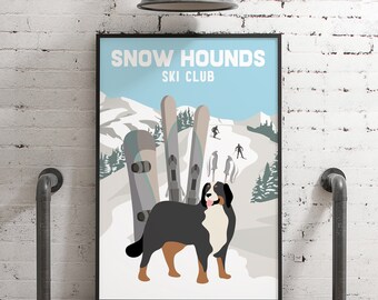 BERNESE MOUNTAIN DOG ski sign, retro ski club poster with dog, personalized text and many dog options available, unique gift for dog lovers