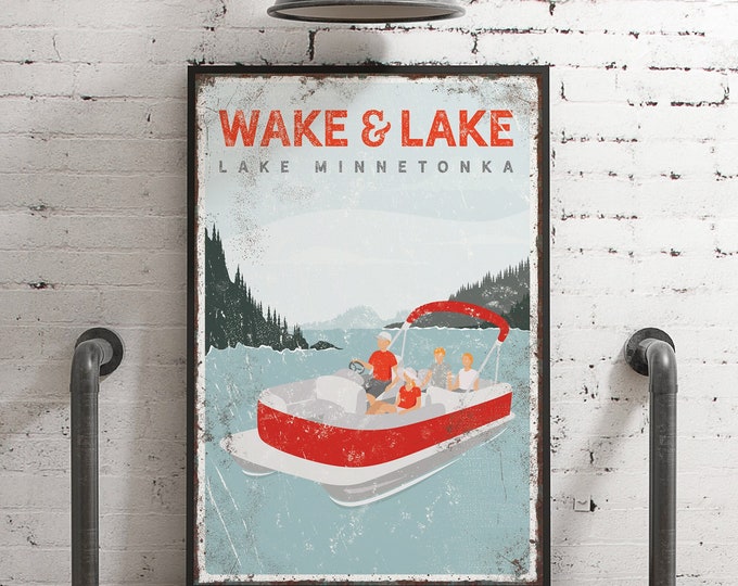 personalized FAMILY pontoon boat sign WAKE and LAKE, family of four, Lake Minnetonka Sign, Vintage Lake Poster, red lake house gift {vpl}