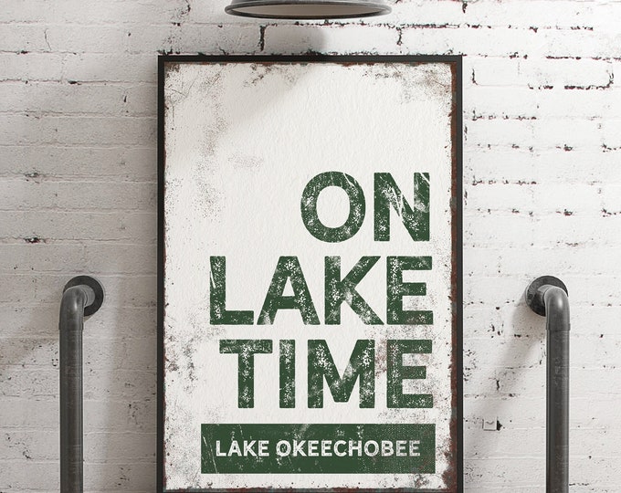 vine green "ON LAKE TIME" sign > vintage Lake Okeechobee wall art for lake house decor, xl framed canvas, green lake house sign {brw}