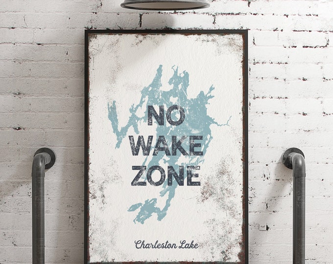NO WAKE ZONE sign, vintage Charleston Lake wall art for lake house decor, personalized tide blue and white lake shape on canvas print {lsw}