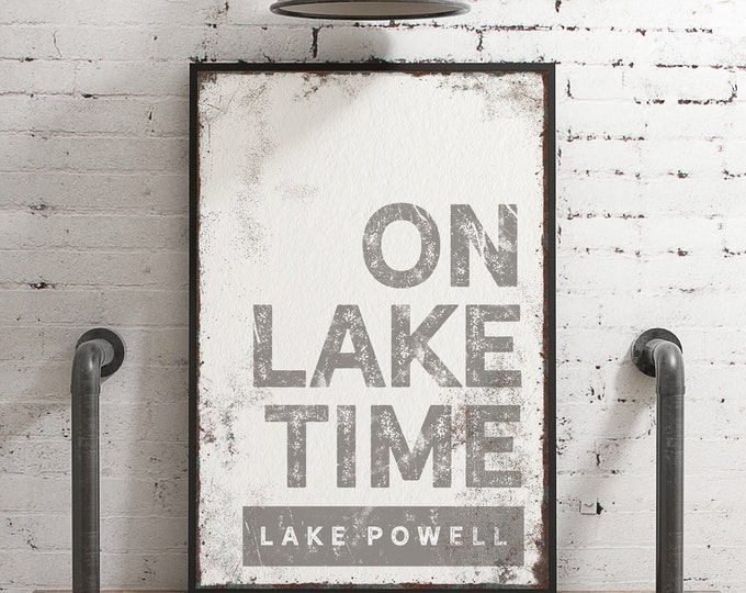 gray ON LAKE TIME sign > vintage Lake Powell wall art for gray lakehouse decor, xl framed canvas, elephant gray lake poster {brw}