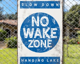 blue "NO WAKE ZONE" sign > vintage Hanging Lake poster for rustic lake house decor, large framed lakehouse sign, canvas art print {b}